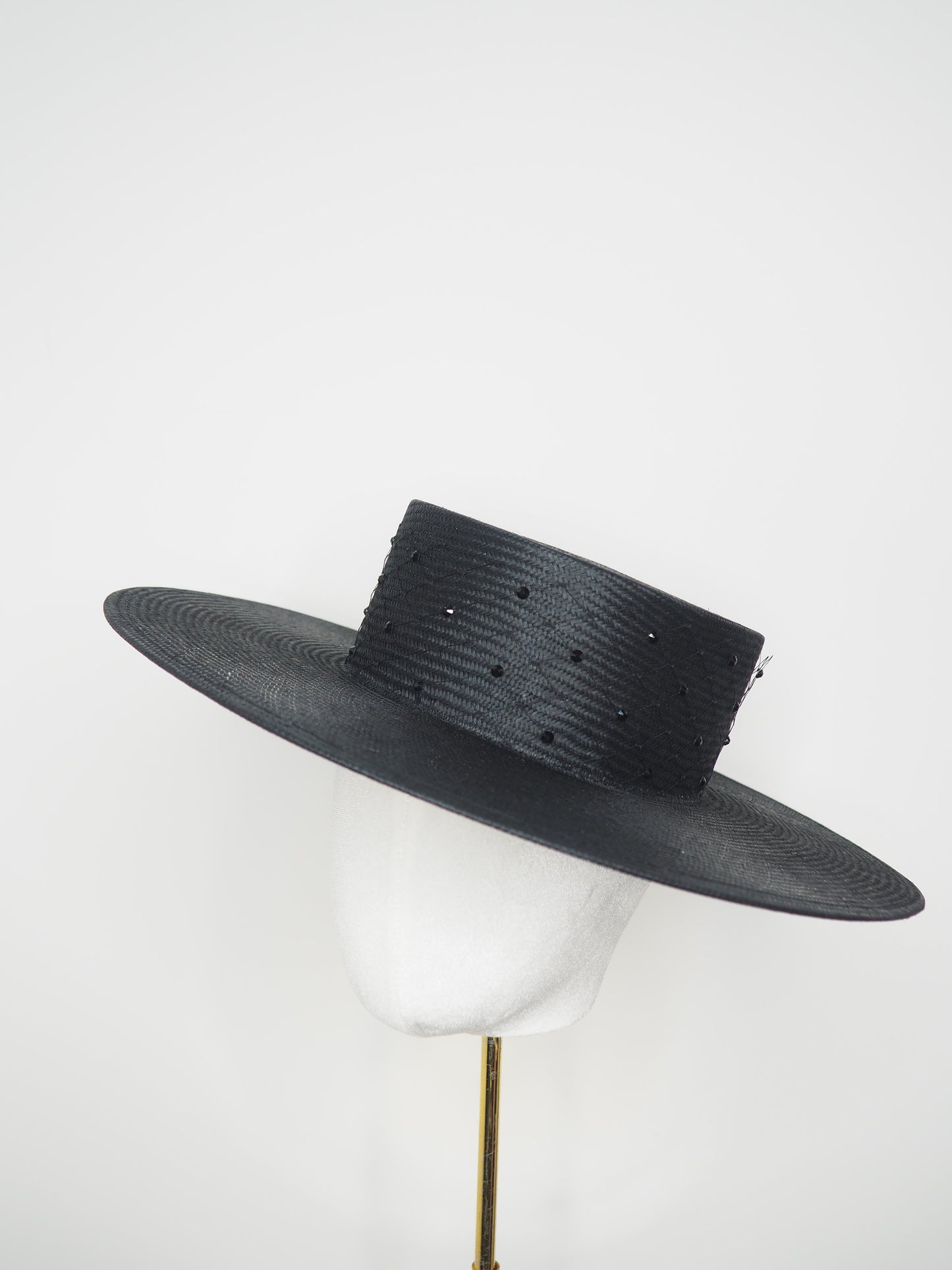 Black Stardust  - Classic Black straw boater with crystal and veil detail