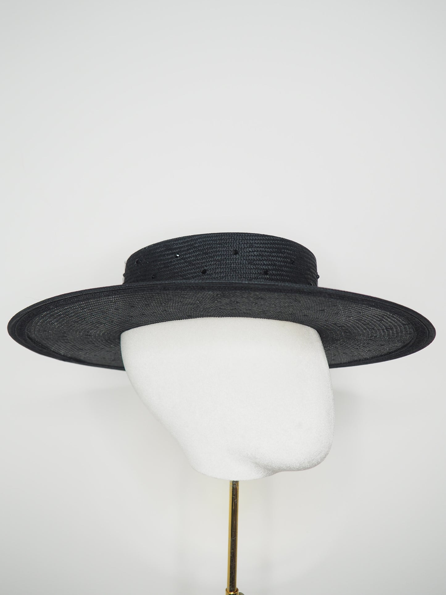 Black Stardust  - Classic Black straw boater with crystal and veil detail