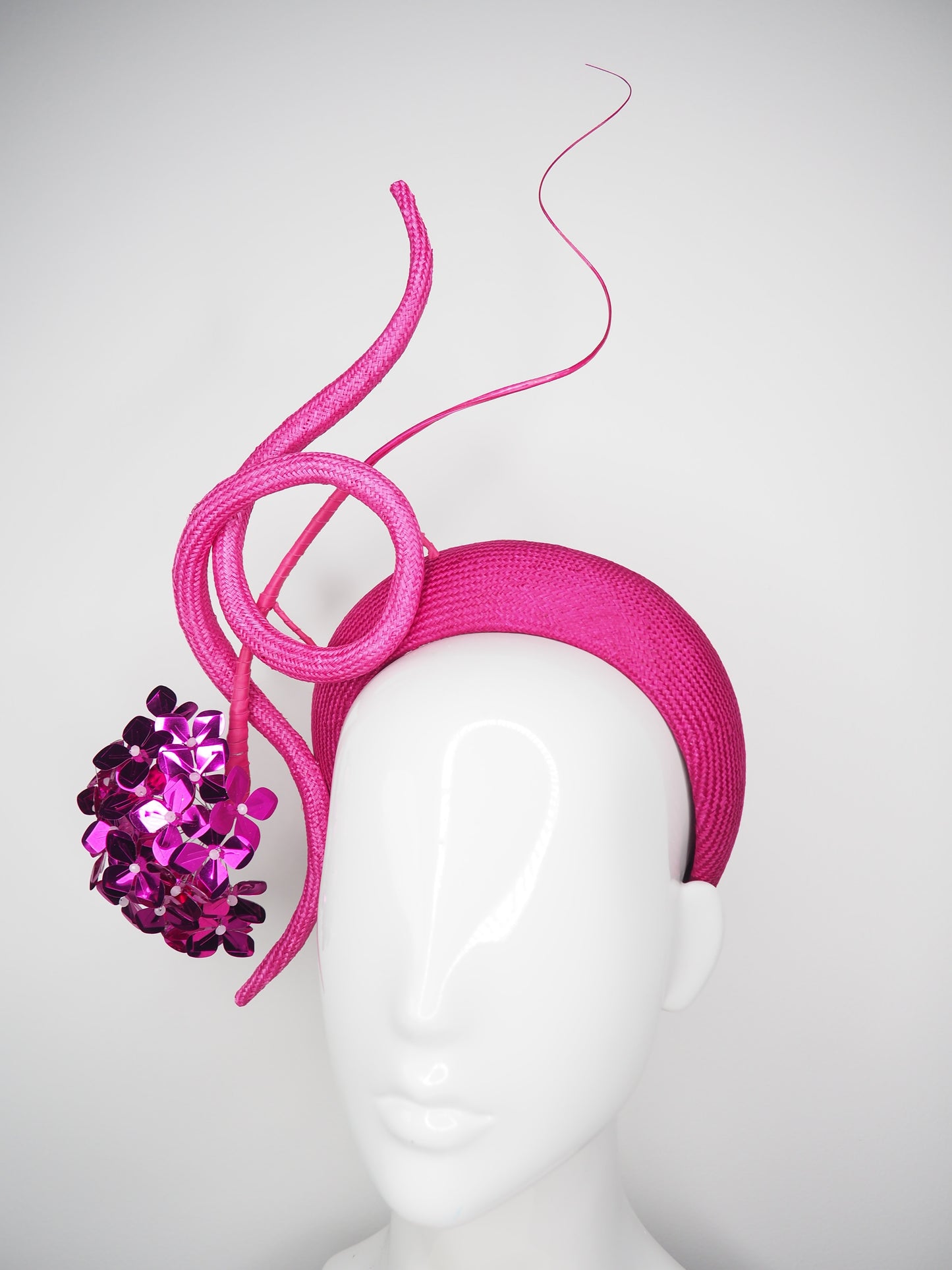 Miss Magenta - Magenta parisissal headband with sculpted hot pink swirl and magenta sequin flower hydrangea.