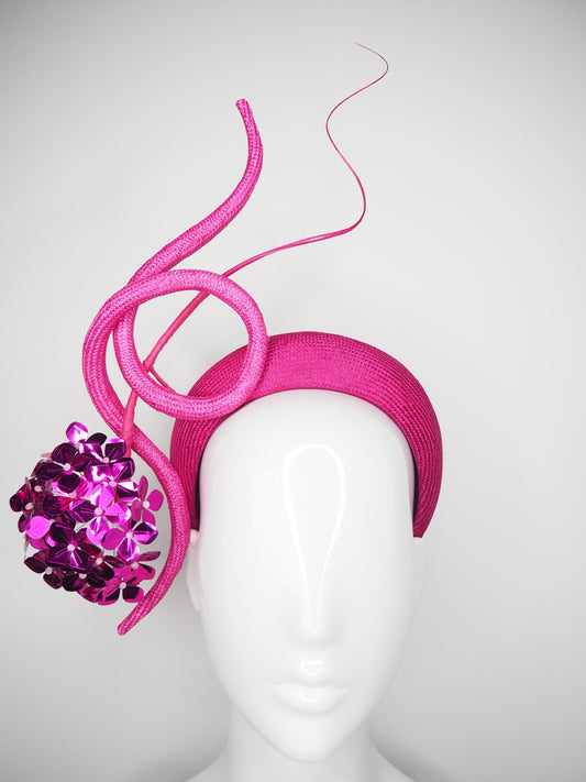 Miss Magenta - Magenta parisissal headband with sculpted hot pink swirl and magenta sequin flower hydrangea.
