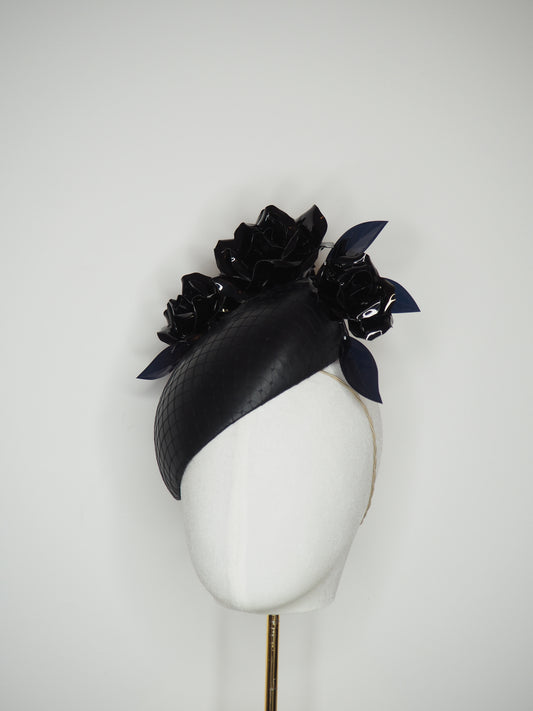 Enchantment - Black leather beret with black crystoform roses.