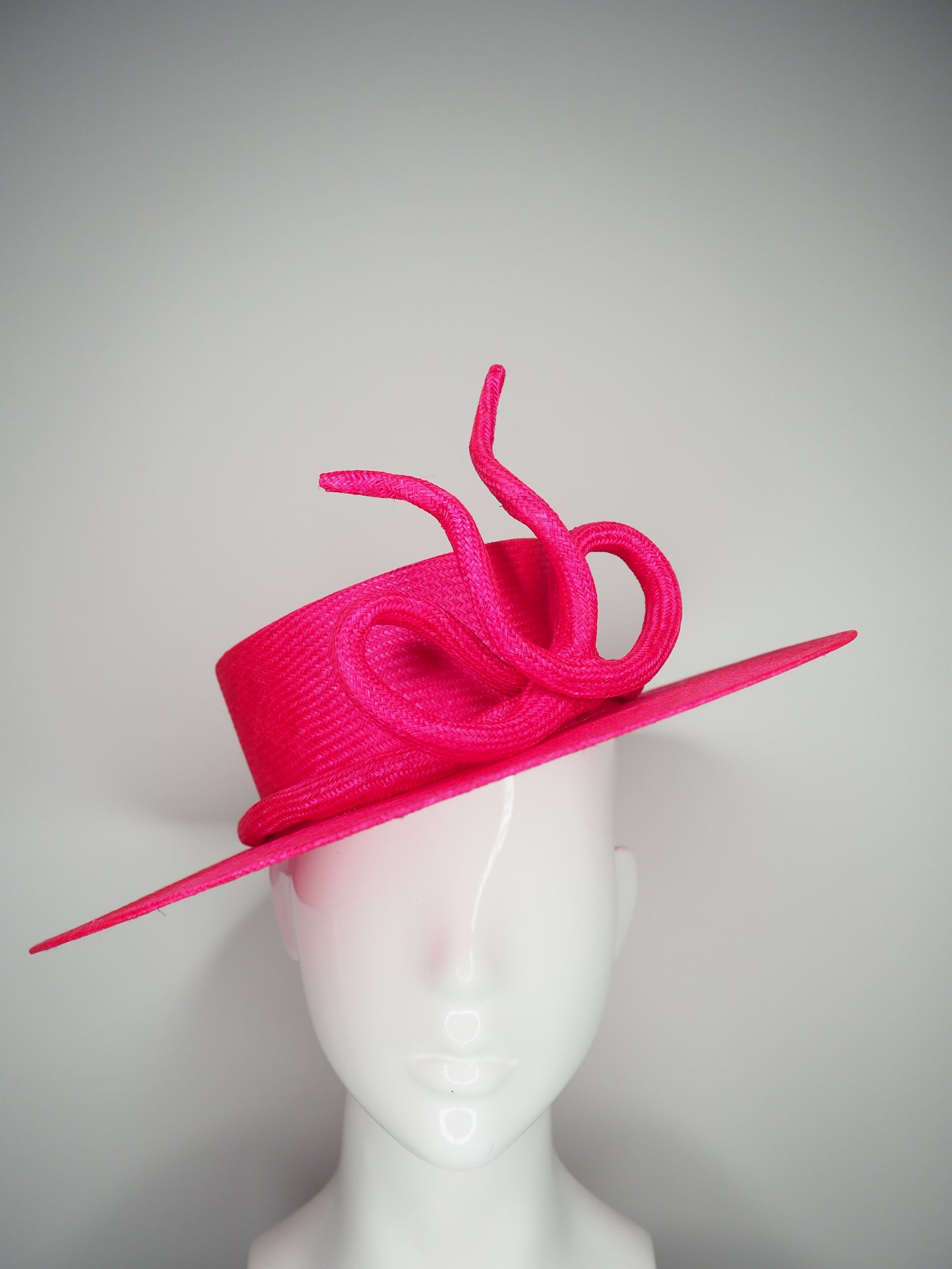 Bow on a boater  - Vivid pink parisissal Straw boater with a sculpted parisisal bow feature