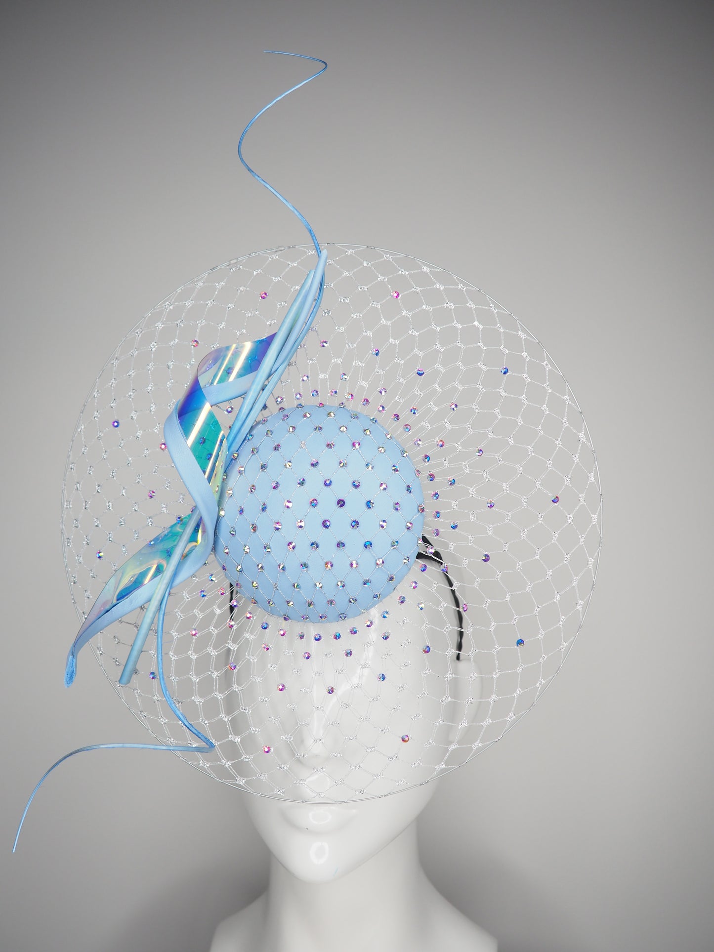 Blue Aurora - Baby blue leather veiled percher with silver veil and iridescent Aurora crystal detail