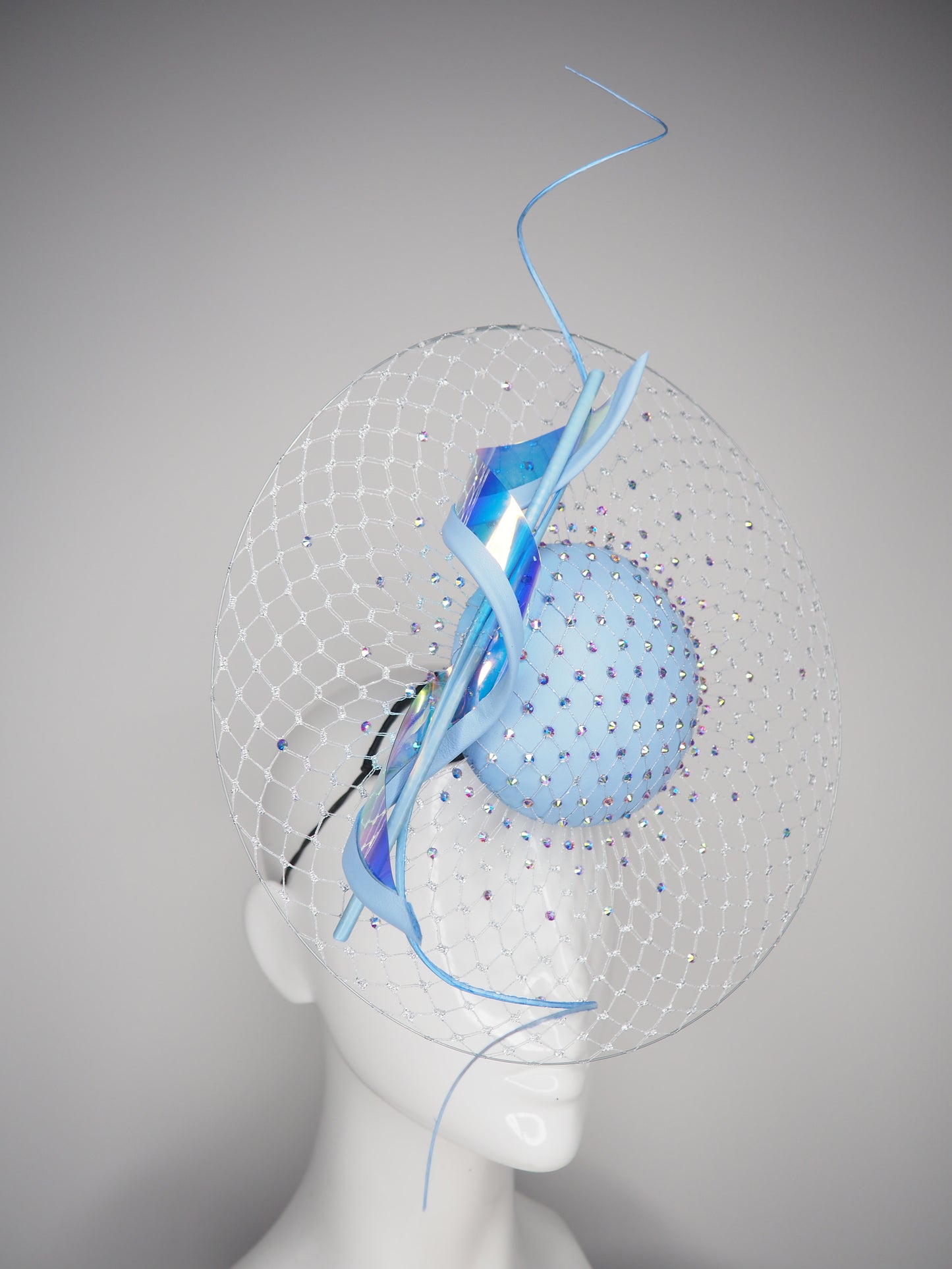 Blue Aurora - Baby blue leather veiled percher with silver veil and iridescent Aurora crystal detail