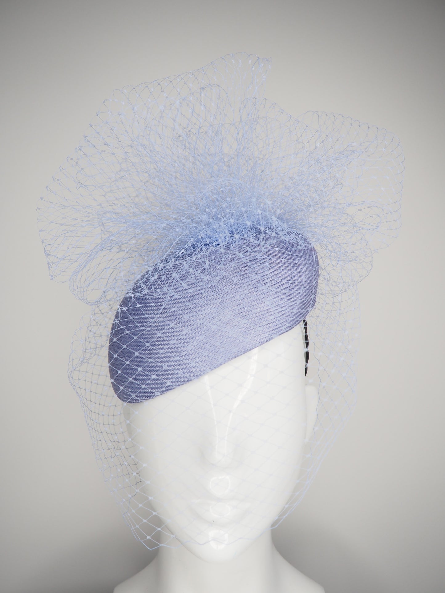 Periwinkle Clouds - Delicate Periwinkle blue straw face-hugger with veil detail
