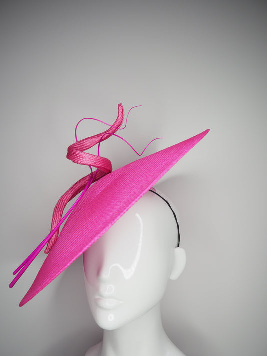 Bubbly and Bright- Carmine Rose pink Buntal coolie brim with 3d straw swirl and quills