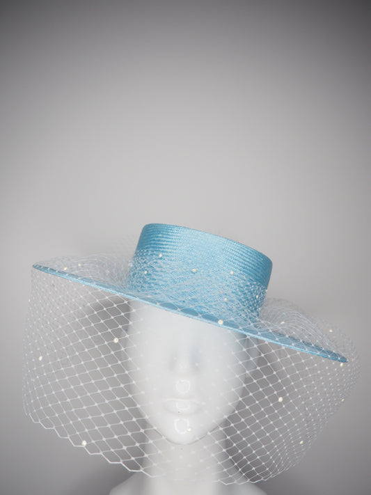 Baby Blues - Baby blue straw boater with pearl and veil detail