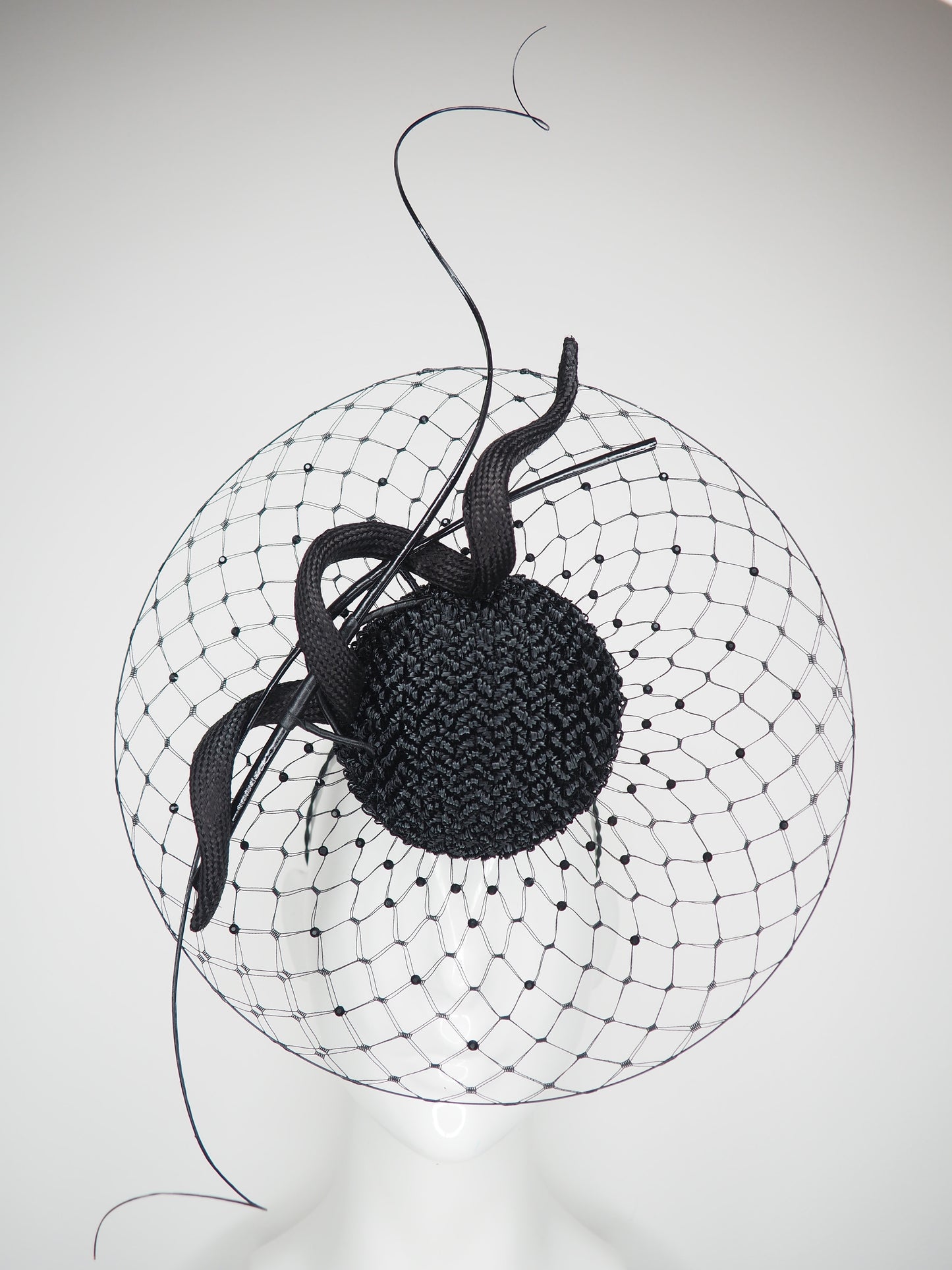 Sparkles at Night -   Black vintage straw and leather veiled percher with black veil and crystal detail
