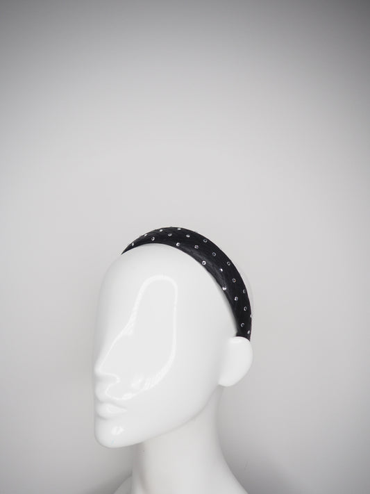 Zoe Sparkle - Leather padded headband with veil and Crystal Detail - Black leather with clear diamantés