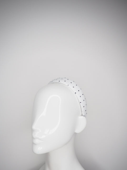 Zoe Sparkle - Leather padded headband with veil and Crystal Detail - White leather  with clear diamantés