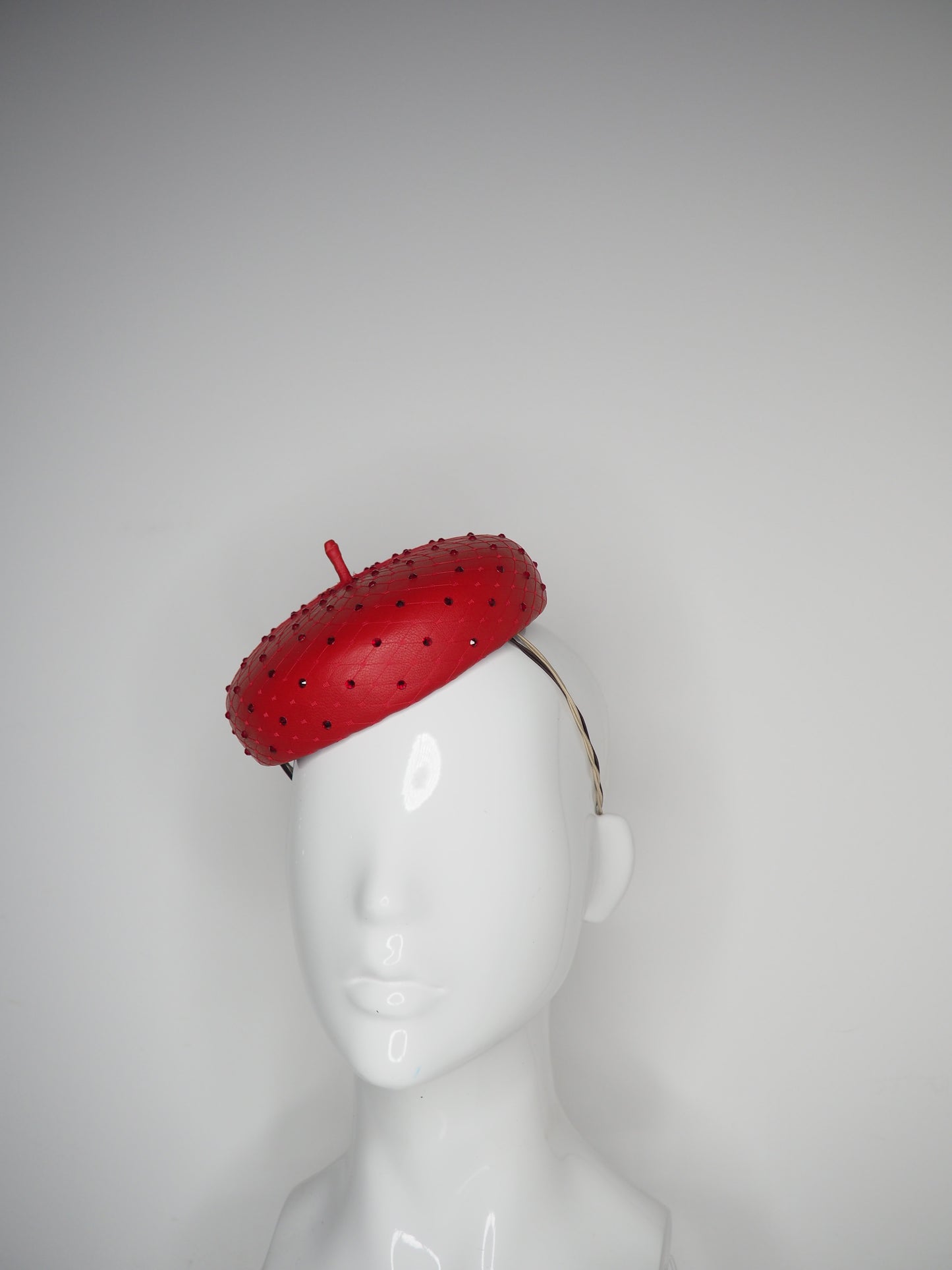 Glitz and glam - Leather button beret with crystals - Red
