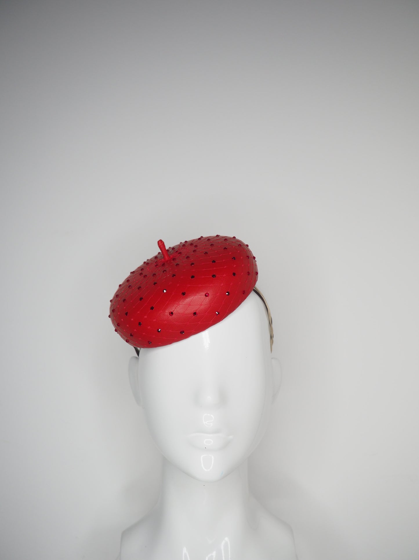 Glitz and glam - Leather button beret with crystals - Red