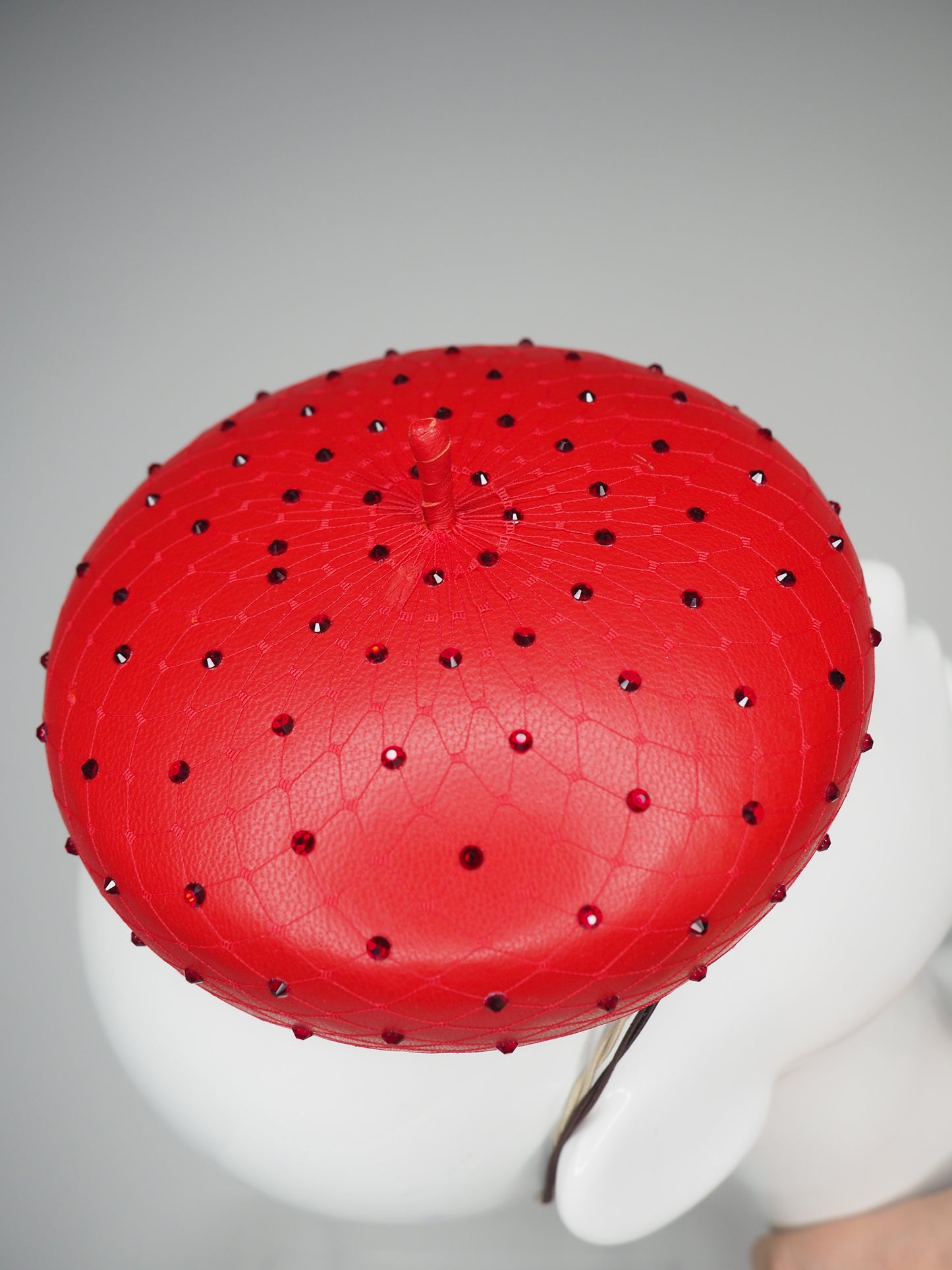 Glitz and glam - Leather button beret with crystals - Red