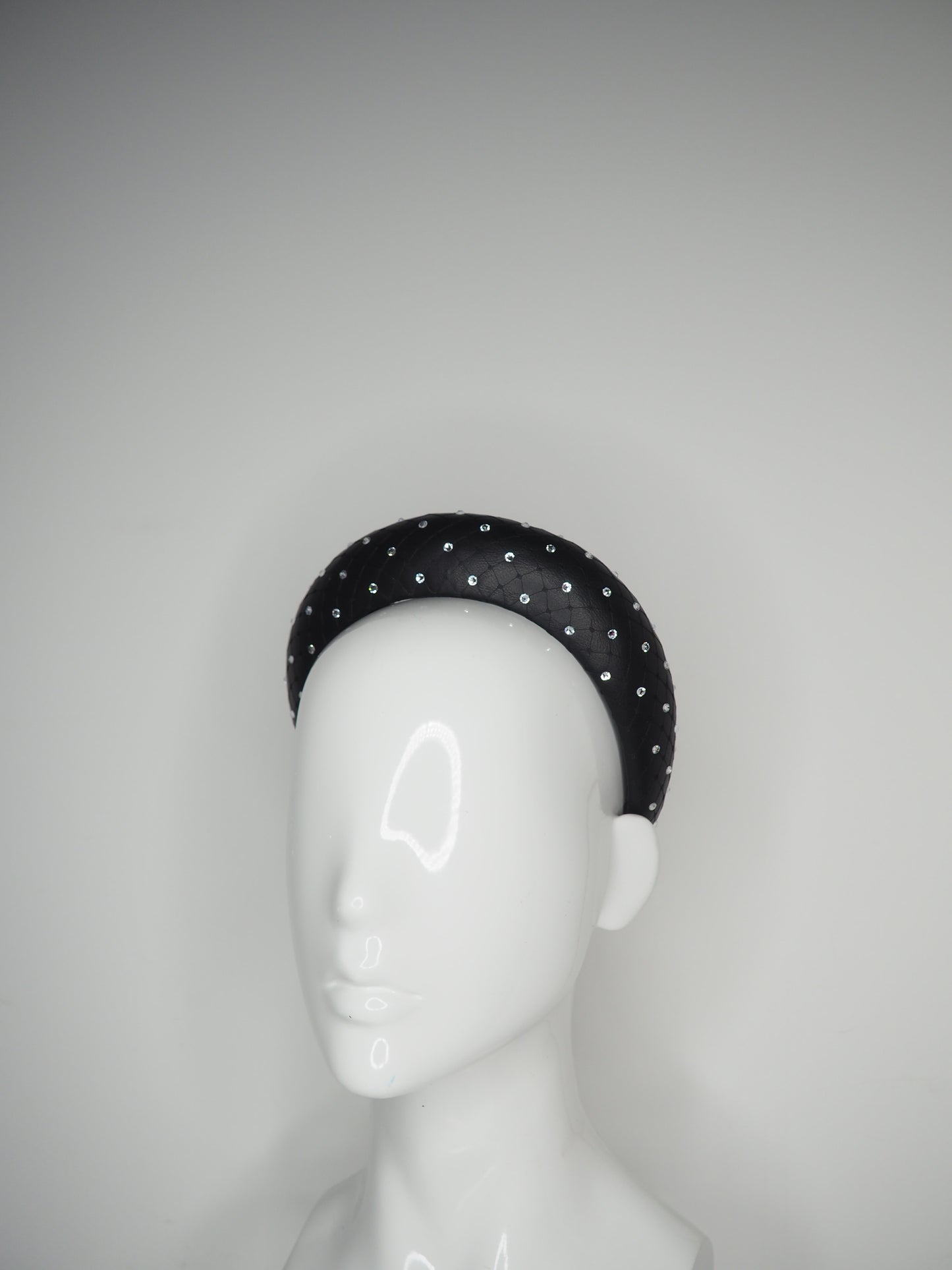 Mia - Sparkle - Black leather 3d blocked headband with veil and crystal detail