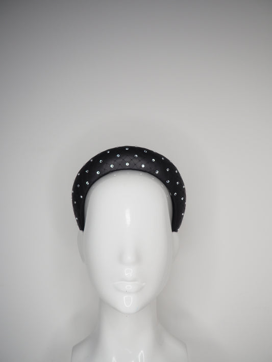 Mia - Sparkle - Black leather 3d blocked headband with veil and crystal detail