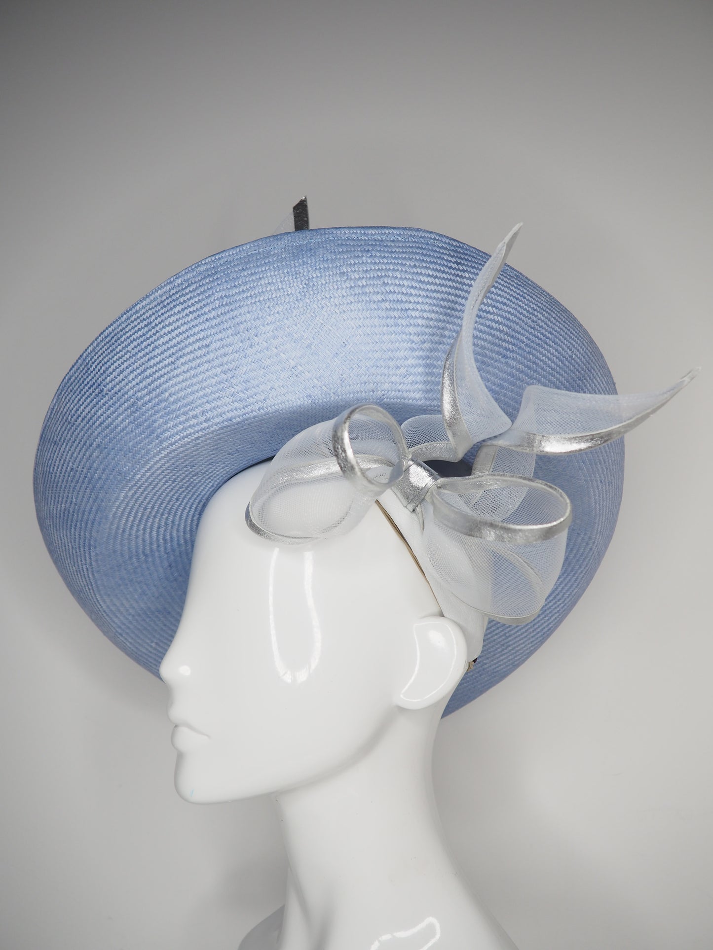Uptown Bow -Convertible Blue silver and white Garden Party Style upturned brim with removable headband.