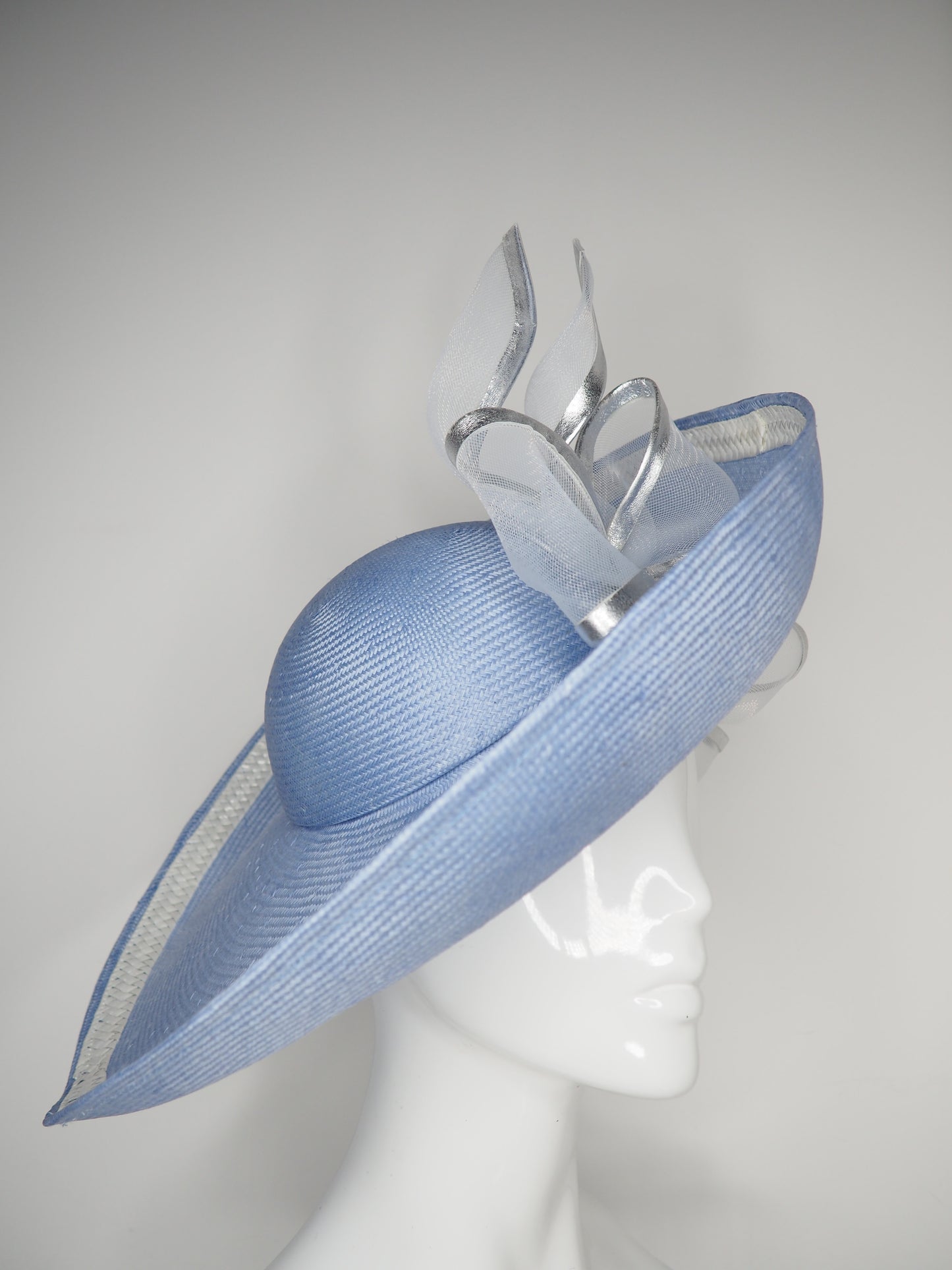 Uptown Bow -Convertible Blue silver and white Garden Party Style upturned brim with removable headband.