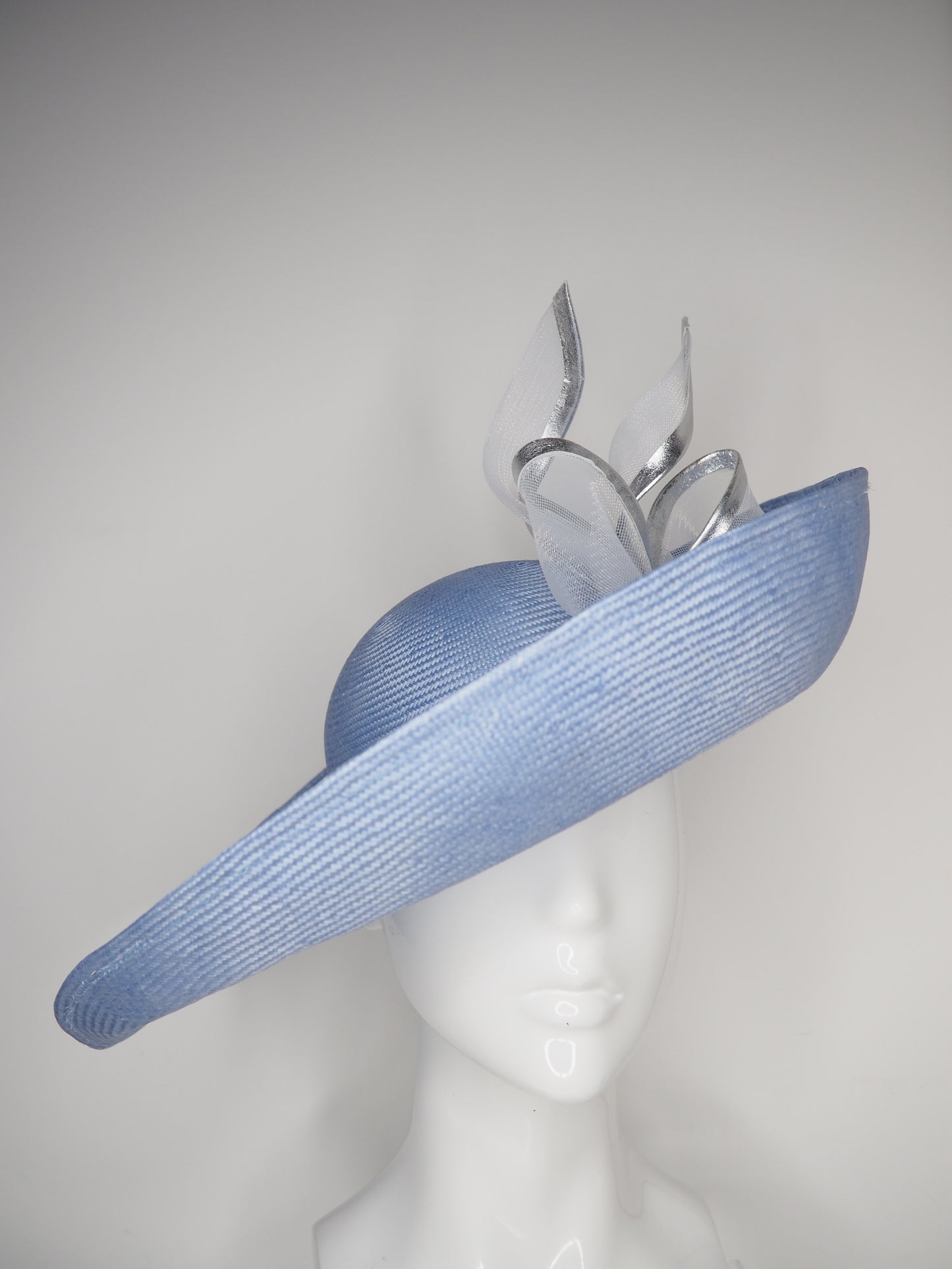 Uptown Bow -Convertible Blue silver and white Garden Party Style upturned brim with removable headband.