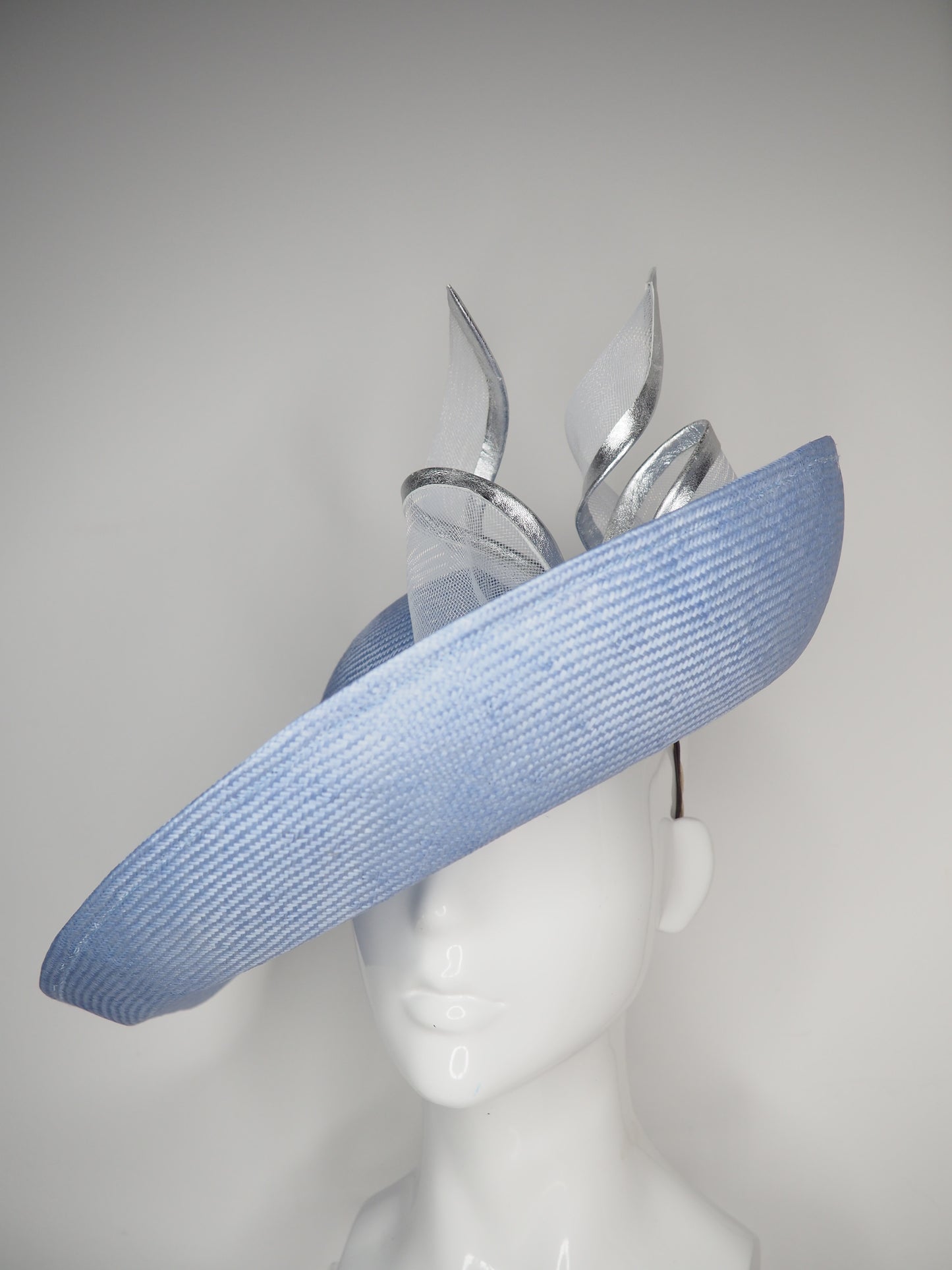 Uptown Bow -Convertible Blue silver and white Garden Party Style upturned brim with removable headband.