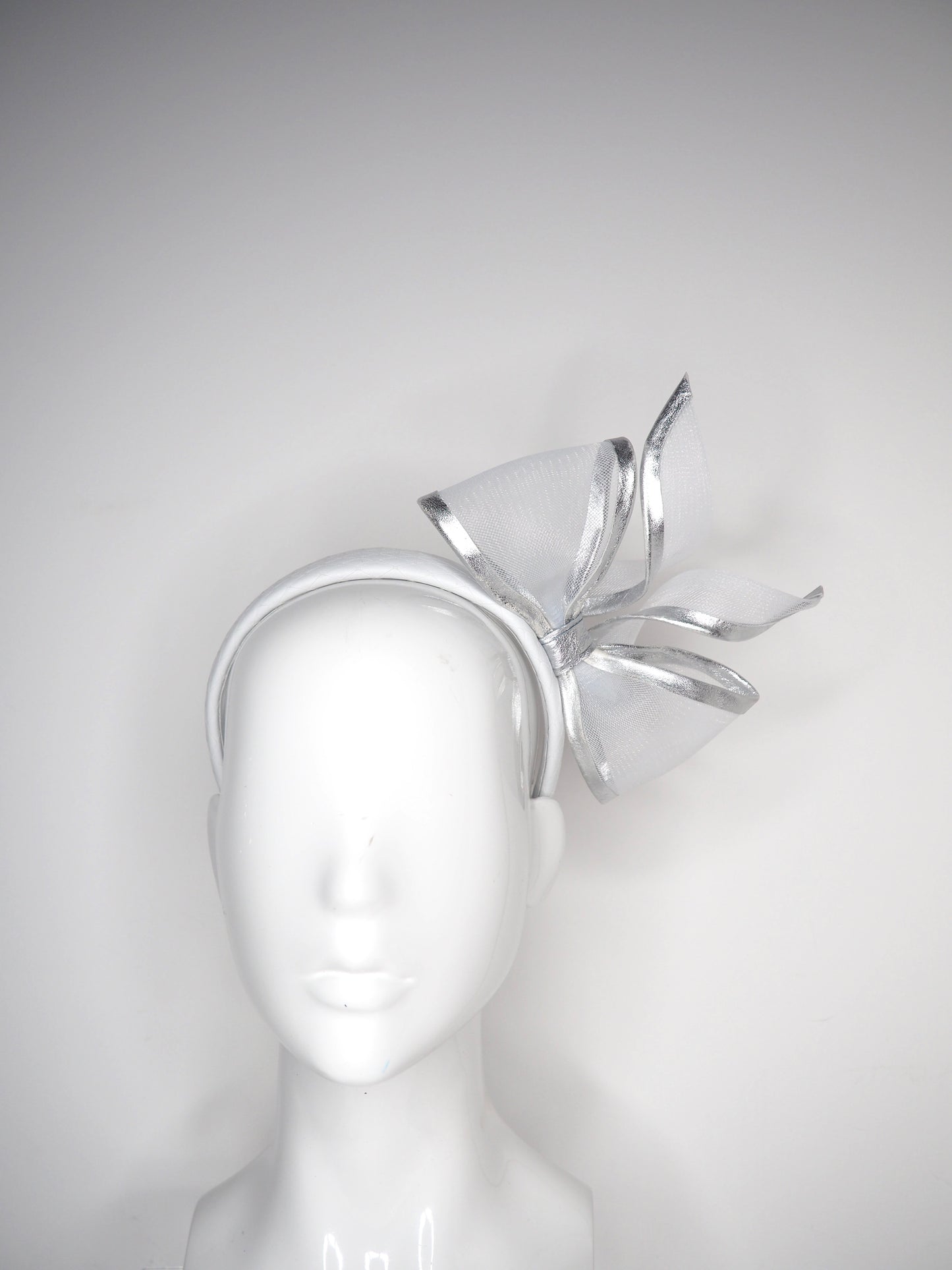 Uptown Bow -Convertible Blue silver and white Garden Party Style upturned brim with removable headband.