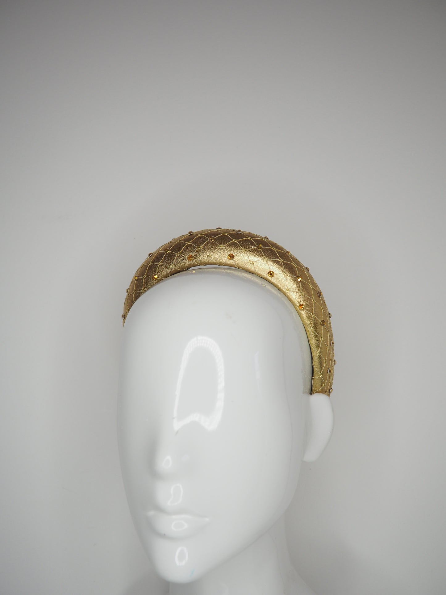 Mimi - Gold -  Leather petite 3d headband with veil and crystal detail