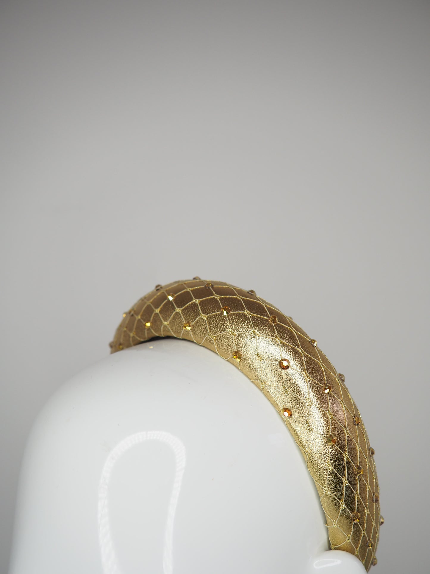 Mimi - Gold -  Leather petite 3d headband with veil and crystal detail