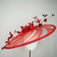 Scarlet Symphony - Wired crinoline swirl extra wide brim with leather base, diamante detail, and metallic red blossoms
