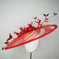 Scarlet Symphony - Wired crinoline swirl extra wide brim with leather base, diamante detail, and metallic red blossoms