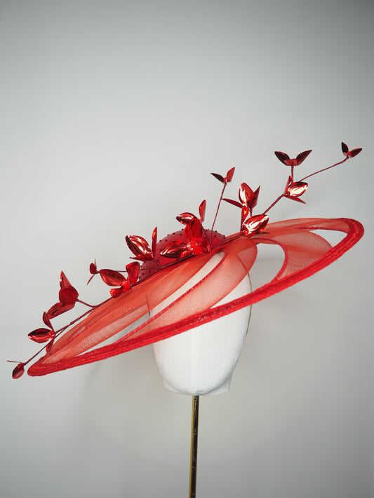 Scarlet Symphony - Wired crinoline swirl extra wide brim with leather base, diamante detail, and metallic red blossoms