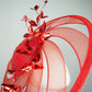 Scarlet Symphony - Wired crinoline swirl extra wide brim with leather base, diamante detail, and metallic red blossoms