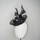 Back Tie pearl - Black asymmetric straw pillbox with wired crinoline bow in black and white and a scattering of pearls