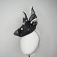 Back Tie pearl - Black asymmetric straw pillbox with wired crinoline bow in black and white and a scattering of pearls