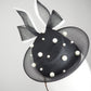 Back Tie pearl - Black asymmetric straw pillbox with wired crinoline bow in black and white and a scattering of pearls