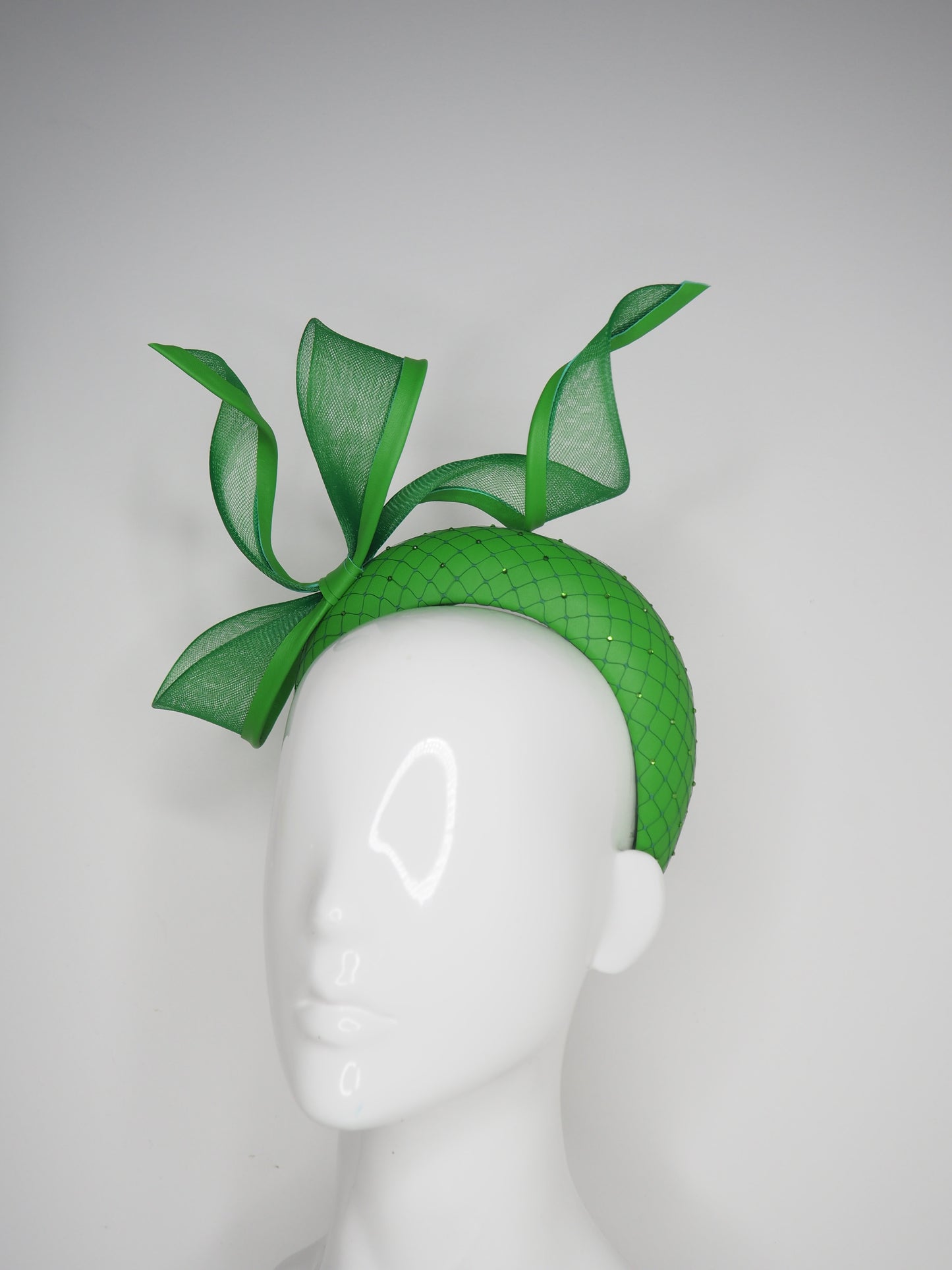 Luck of the Irish - Apple green Leather 3d headband with leather edged bow and crystal detail