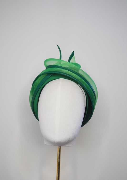 Verdant Flame - Emerald Green Satin 3d headband with wired crinoline turban swirl