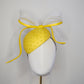 Sunshine - Yellow Petite Facehugger – yellow straw base covered in crystals, with white and gold crinoline bow edged in yellow leather