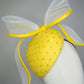 Sunshine - Yellow Petite Facehugger – yellow straw base covered in crystals, with white and gold crinoline bow edged in yellow leather
