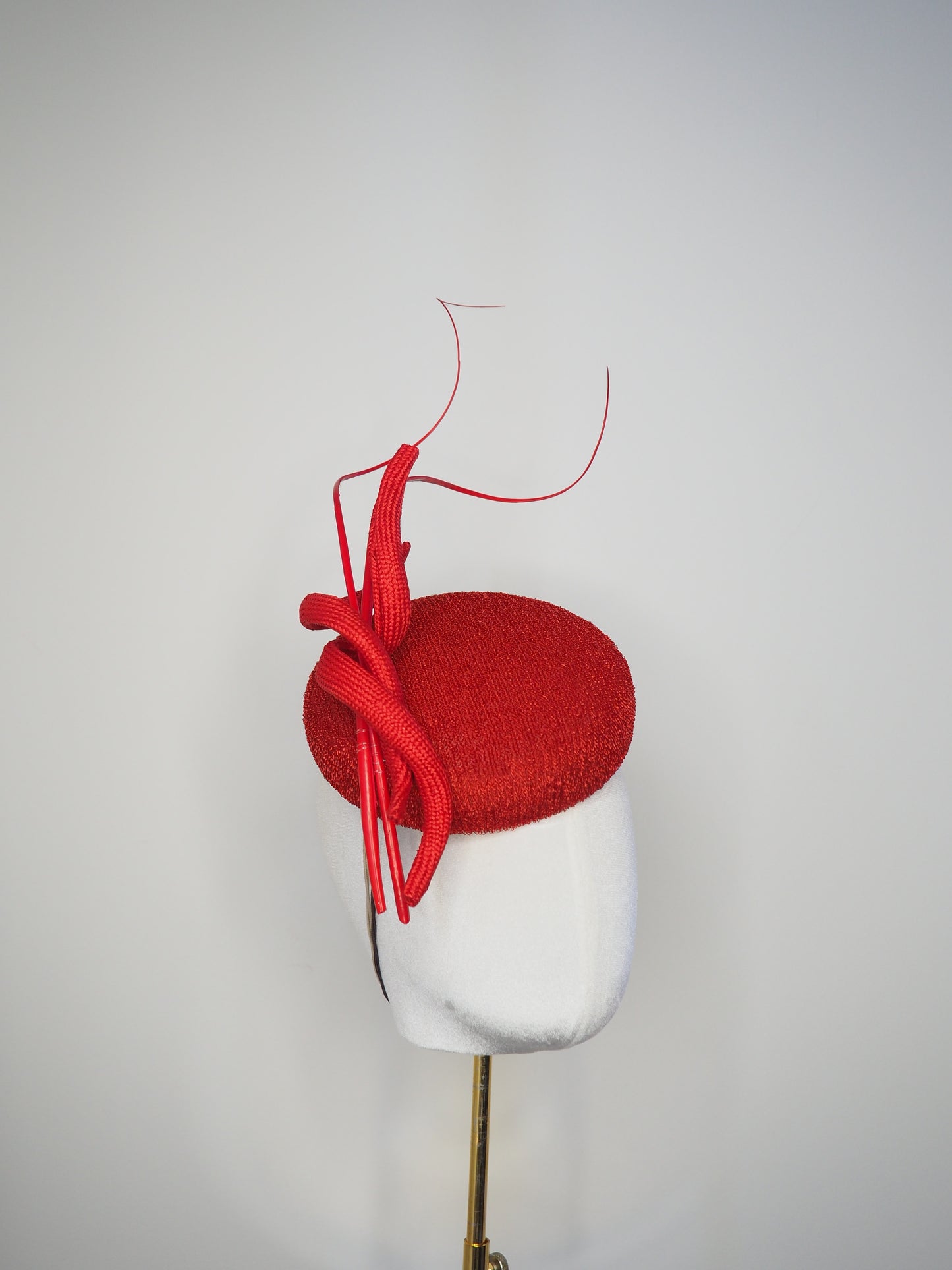 Scarlet Swirl - Red vintage straw cloth button vintage straw cloth button beret with wires parisissal swirls and quills
