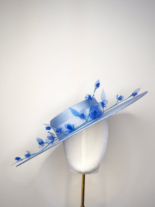 Baby Blue - Large Baby Blue Boater Brim with delicate crystoform rose vine in shades of blue