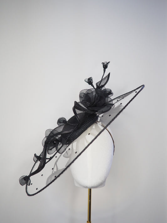 A Rainy Day in Melbourne - Black clear cristoform brim with wispy crinline roses  & crinoline swirl