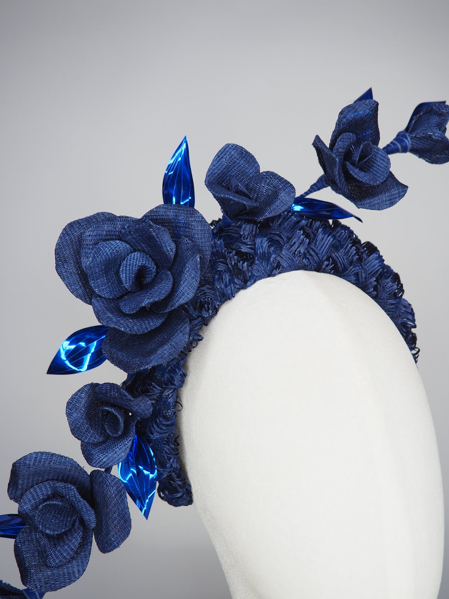 Navy Rose - Navy vintage  textured headband cascading with sculptural wired roses.