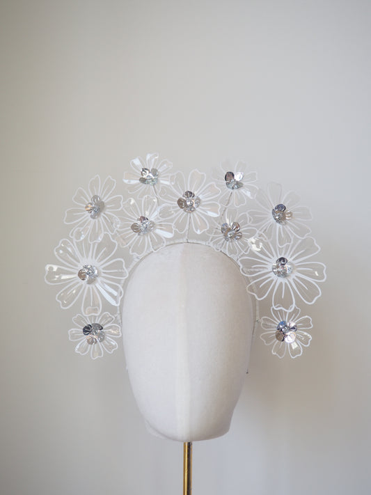 Seeing Daisies  - White crystoform daisy headband with silver accents