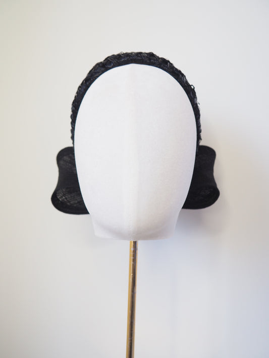 Midnight Elegance - Black vintage straw rear-facing Jackie O style pillbox with Parisissal bow