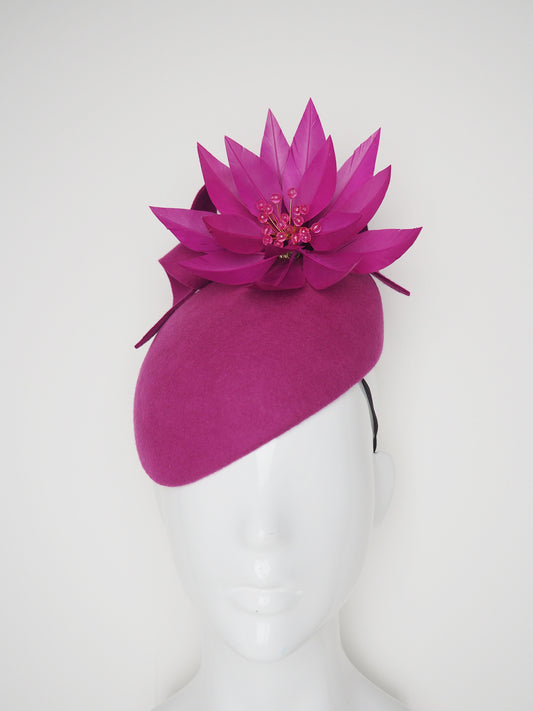 Magenta Magic - Magenta wool felt beret with swirl detail and wired feather flower