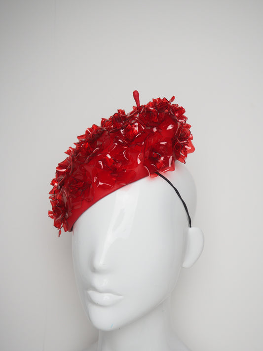 Rosetta - crystoform rose covered beret style facehugger with red leather