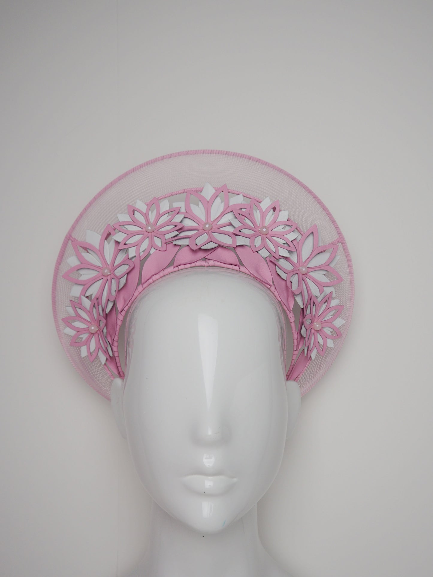 Hello halo - White and pink leather cutout flowers with wired crinoline halo and white details