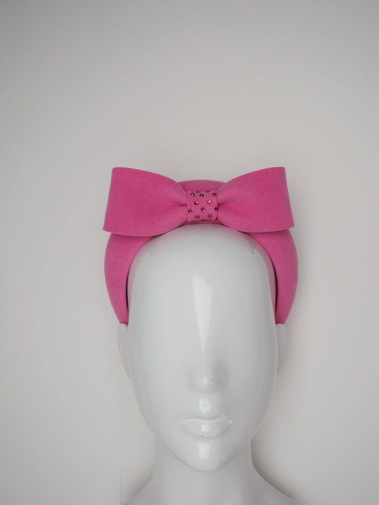 Bubblegum Barbie - Pink Velour fur felt with diamante detialing and bow on 3d headband.