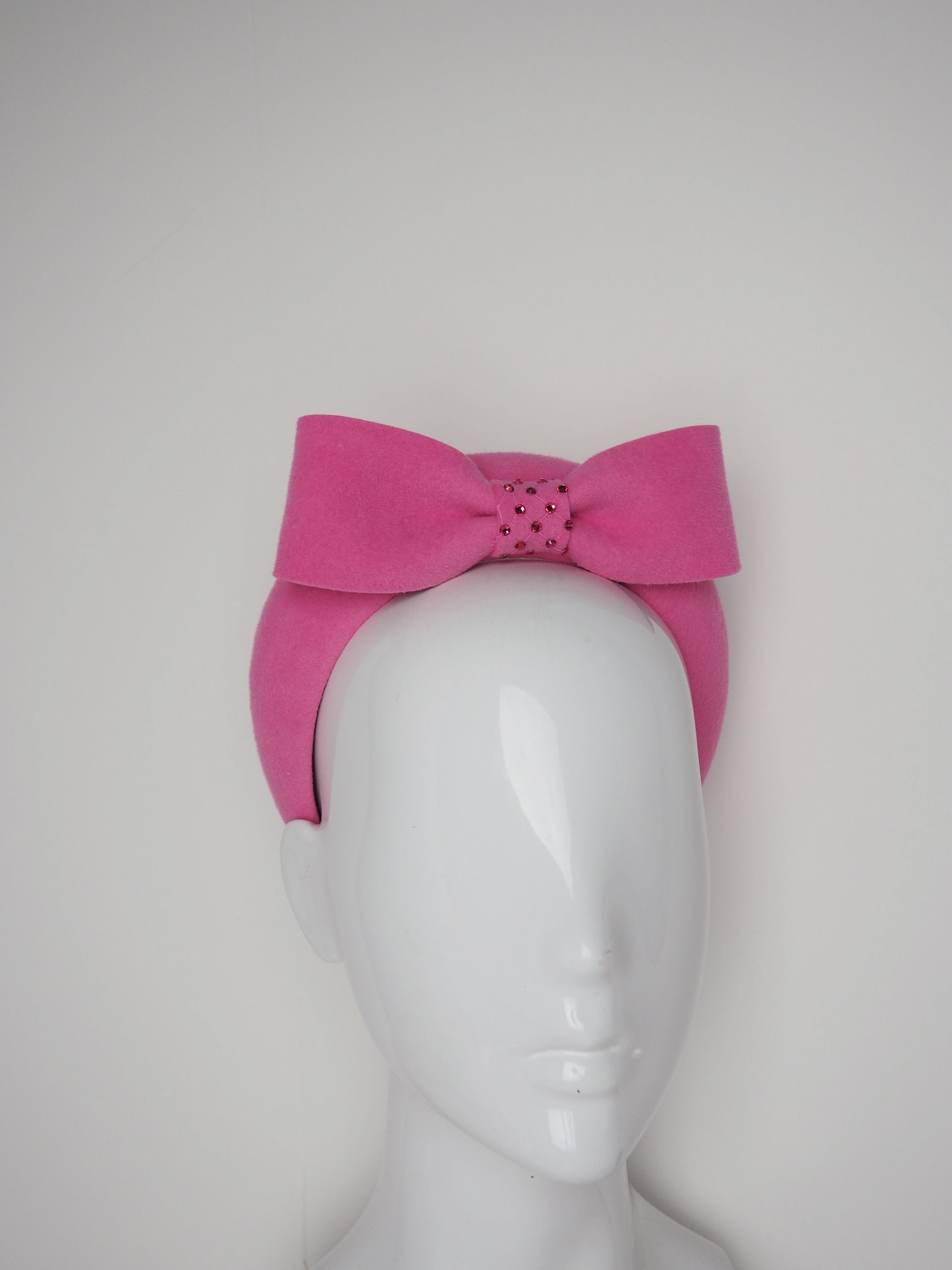 Bubblegum Barbie - Pink Velour fur felt with diamante detialing and bow on 3d headband.