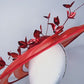 Scarlet Symphony - Wired crinoline swirl extra wide brim with leather base, diamante detail, and metallic red blossoms