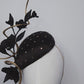 Cocoa Latte - Petite chocolate brown silk facehugger with vintage veil and rose gold crystal detail, sculpted wired swirl, and vintage straw roses